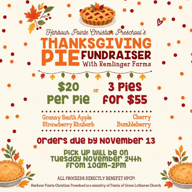An orange and red Thanksgiving pie fundraiser flyer features a pie and autumn leaves in the foreground against a plain white background.