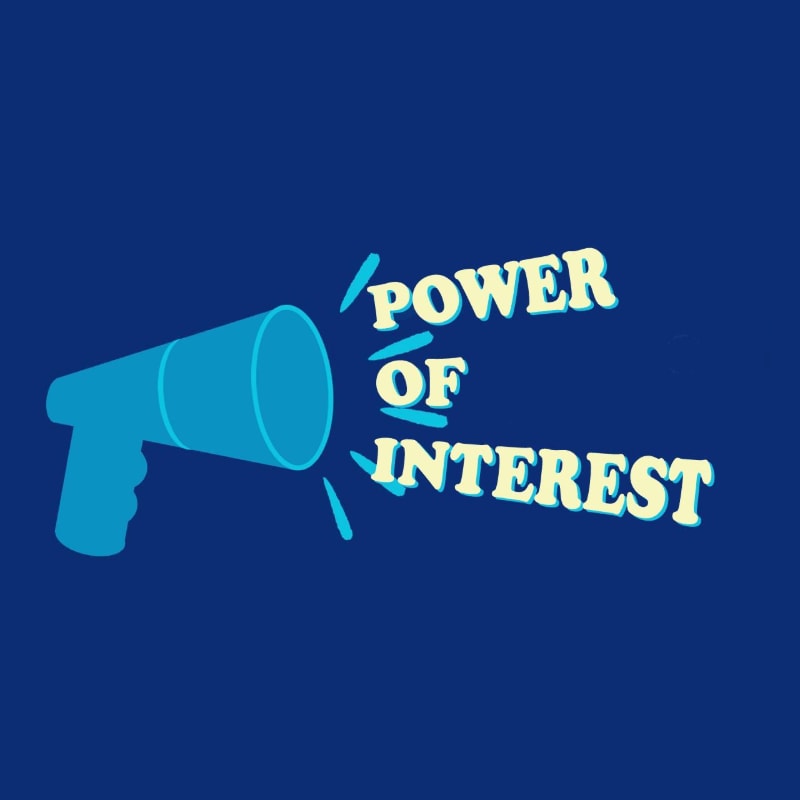 A light blue megaphone projects the words "POWER OF INTEREST" against a solid dark blue background.