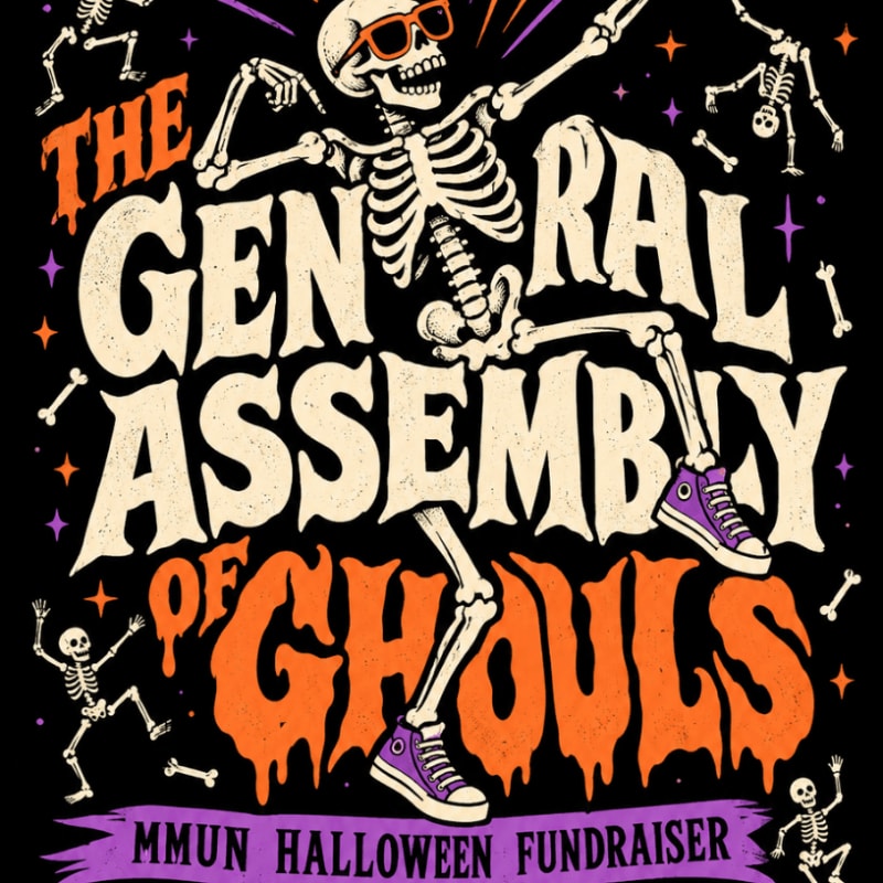 A dancing skeleton wearing sunglasses and purple sneakers stands in the foreground against a black background filled with smaller skeletons and stars.