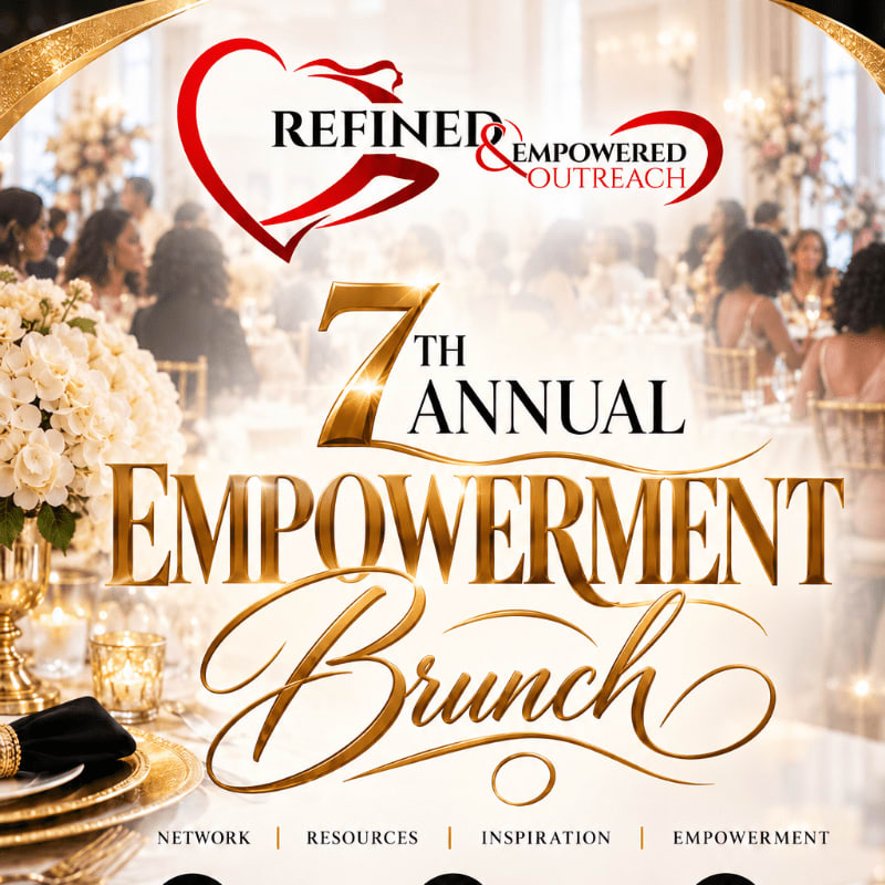 Gold-colored text for the "7th Annual Empowerment Brunch" and a red heart logo sit in the foreground over a blurred background of a formal dining hall filled with guests.