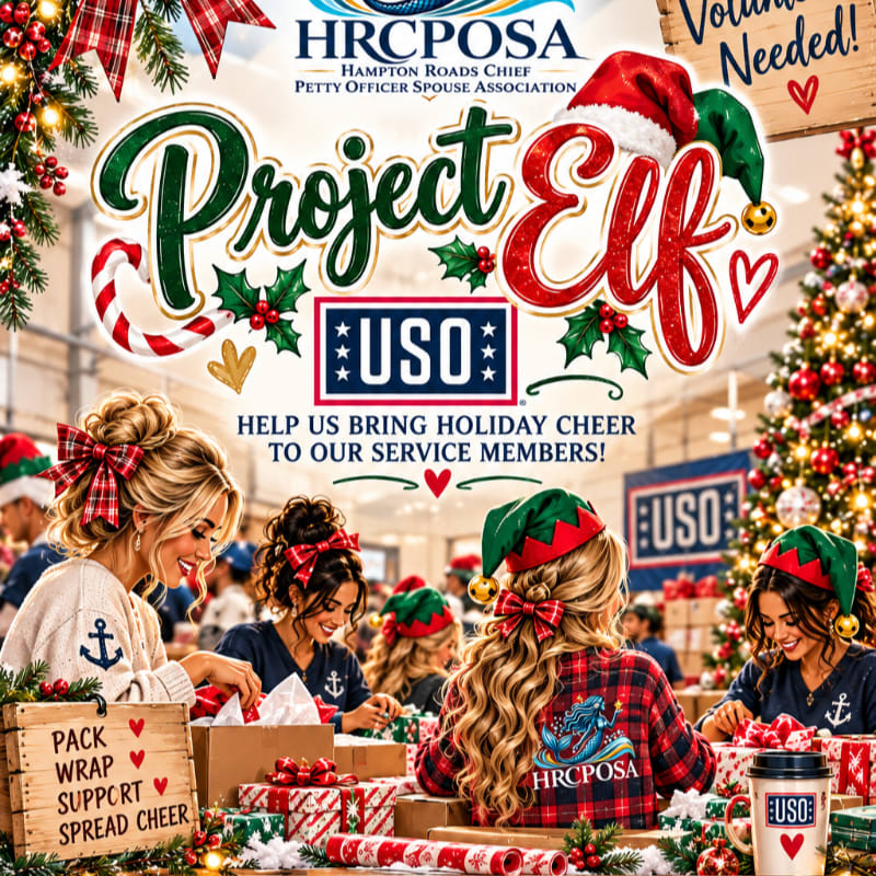 Women wearing festive hats and holiday attire pack gift boxes in a room decorated with a Christmas tree and USO banners.