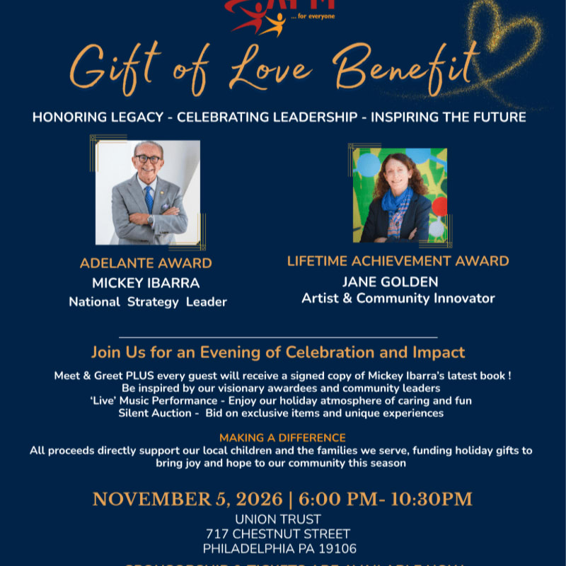 A promotional flyer for the "Gift of Love Benefit" features photos of Mickey Ibarra and Jane Golden in the foreground against a dark blue background with gold and white text.