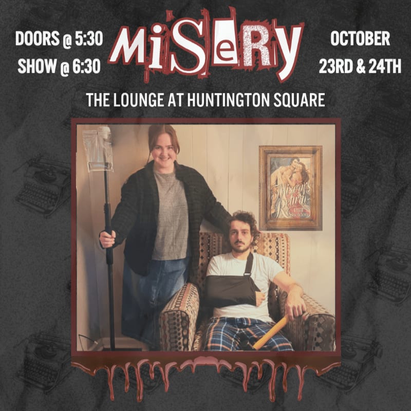 A woman standing next to a man in an armchair with a broken arm is framed by a dripping red border against a dark background featuring typewriters and event text.