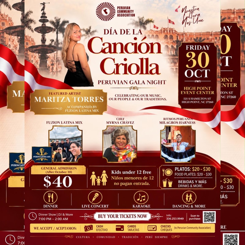 A promotional flyer for a Peruvian Gala Night features a woman in a black dress and event details in the foreground, set against a background of a historic city square and Peruvian flags.
