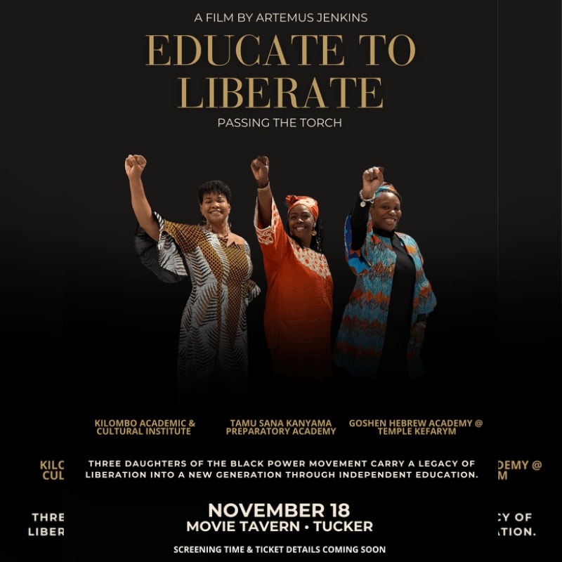 Three women in colorful traditional attire stand with raised fists against a solid black background, beneath the gold title "EDUCATE TO LIBERATE."