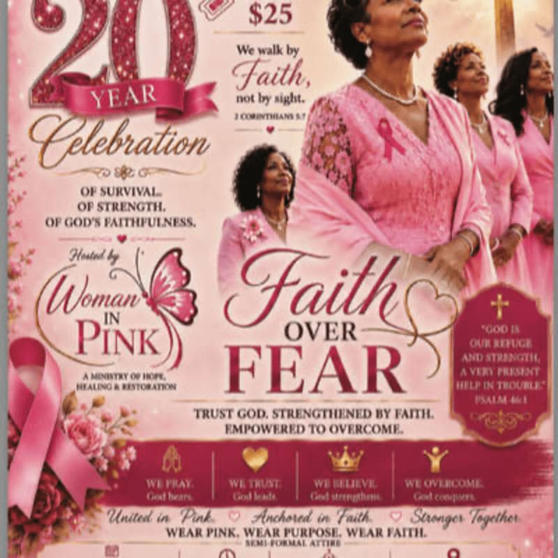 A promotional flyer for a "Woman in Pink" 20-year celebration features a group of women in pink attire in the foreground and a soft, glowing background with religious text and event details.