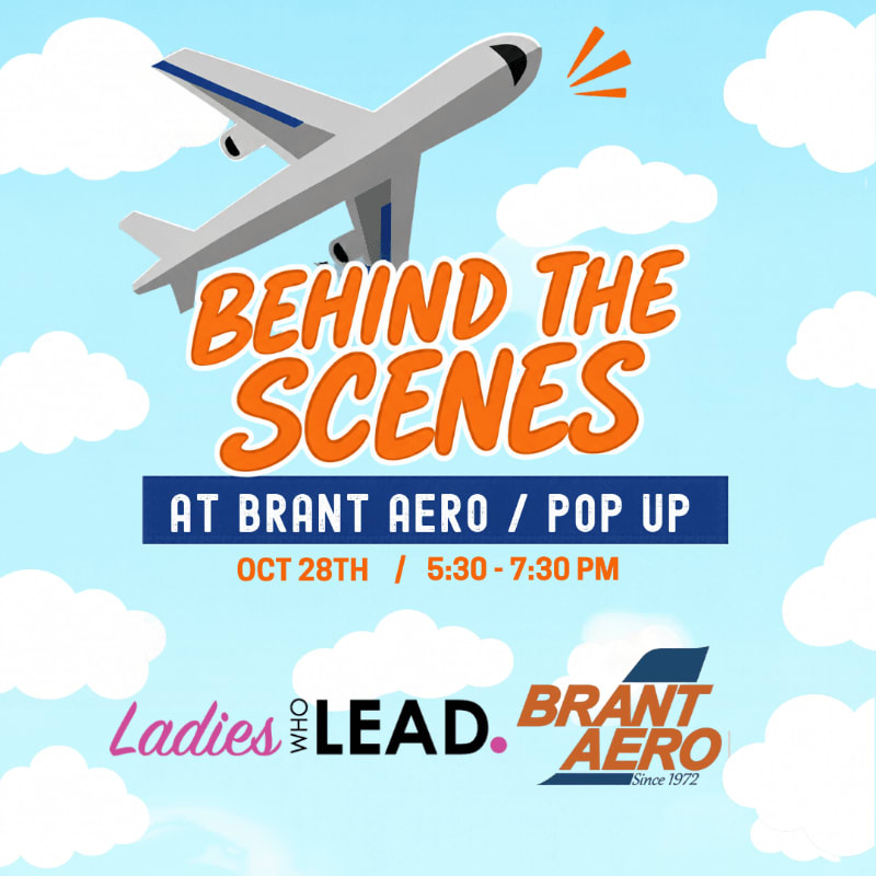 An airplane and event text for "Behind the Scenes at Brant Aero" are set against a light blue sky with fluffy white clouds.