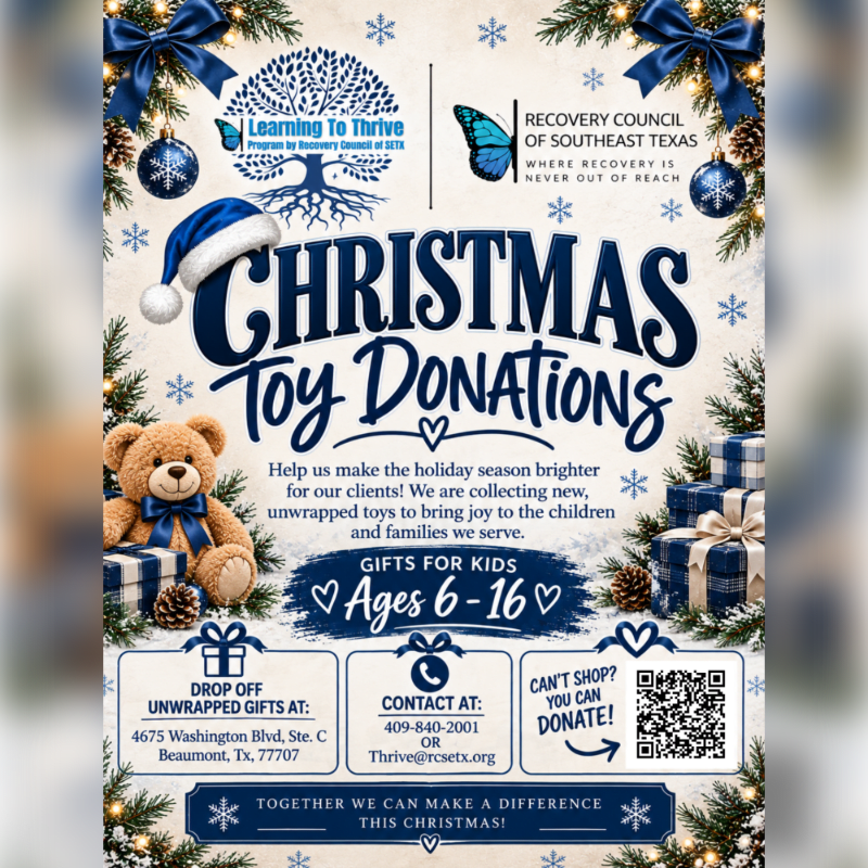A Christmas toy donation flyer featuring a teddy bear and gift boxes in the foreground against a snowy, winter-themed background with blue ribbons and pine branches.