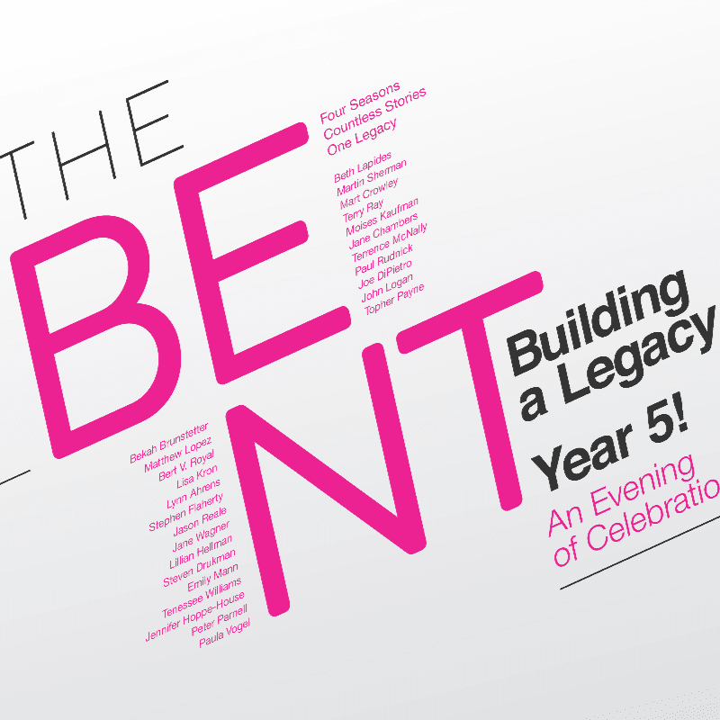 Bold pink text reading "THE BENT" dominates the foreground against a clean white background filled with lists of names and event details.