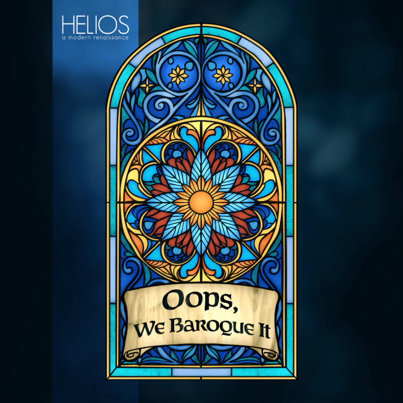 An ornate stained-glass window featuring a colorful mandala and a humorous scroll is set against a dark, moody blue background.