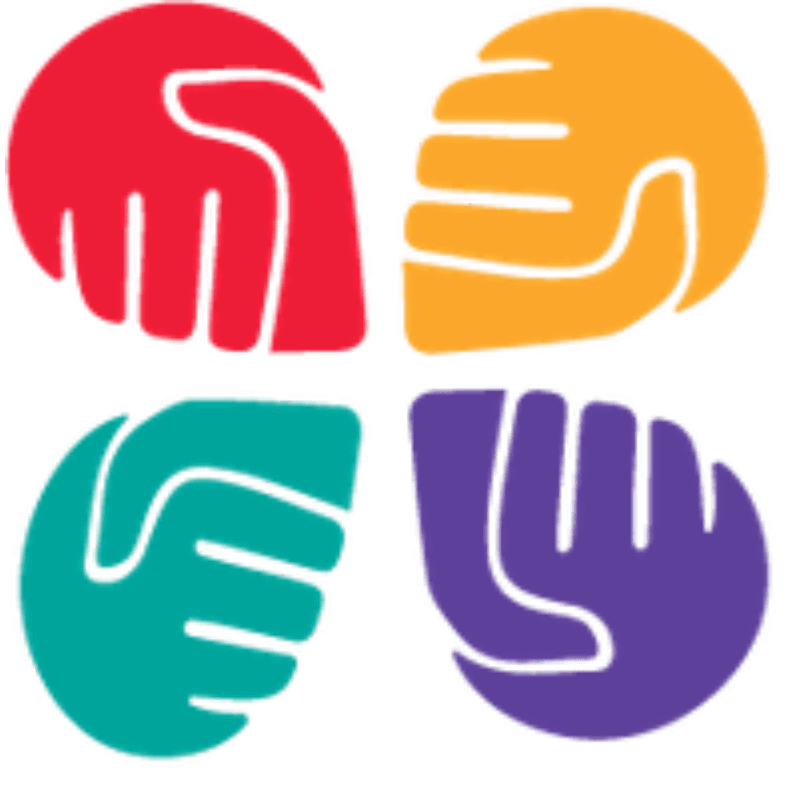 Four colorful stylized hands in red, orange, teal, and purple are arranged in a circle against a plain white background.