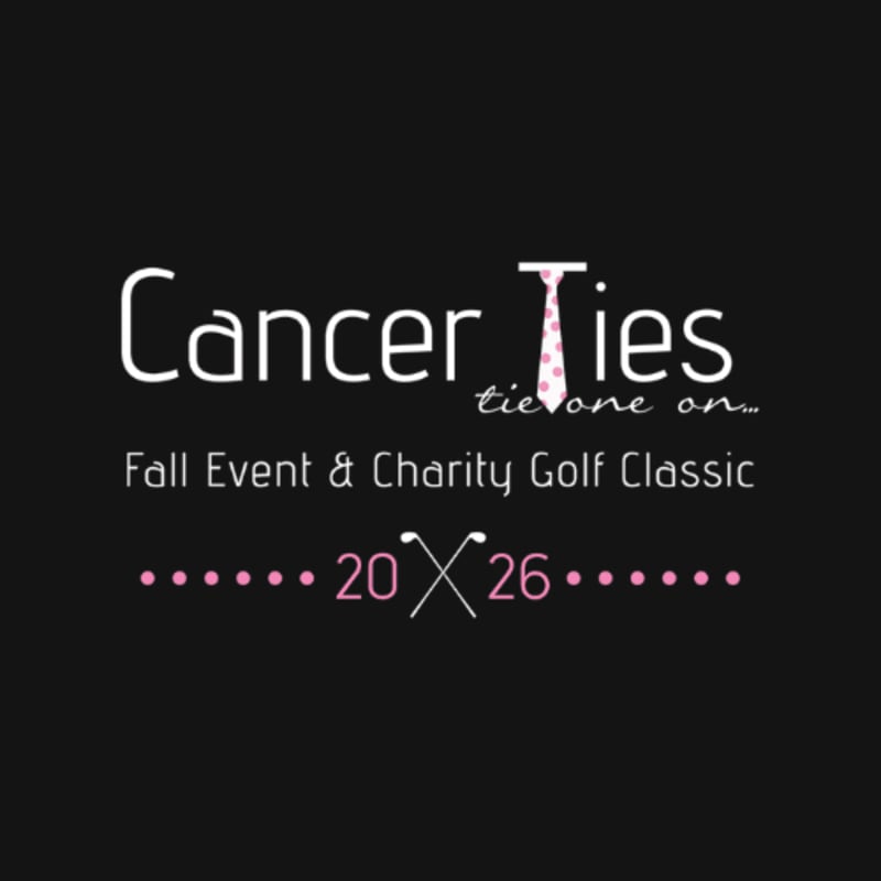 White and pink text promoting a "Cancer Ties Fall Event & Charity Golf Classic" for the year 2026 is centered against a solid black background.