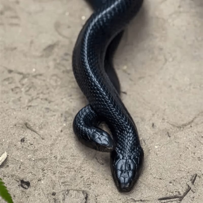 A sleek black snake coils its body on a light-colored, sandy ground.