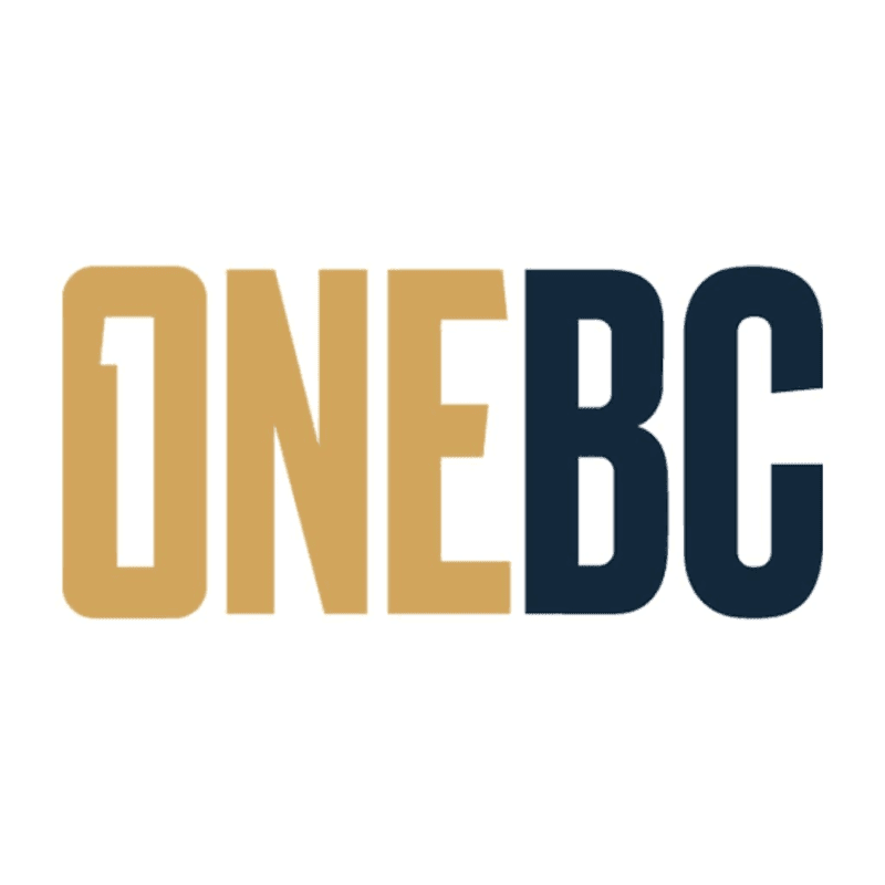 The text "ONEBC" in gold and dark blue is centered against a plain white background.