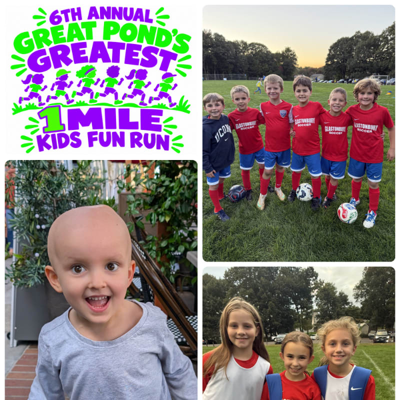 A collage features a colorful "1 Mile Kids Fun Run" flyer, a smiling bald child in the foreground with greenery behind them, and two photos of children in soccer uniforms on a grassy field.