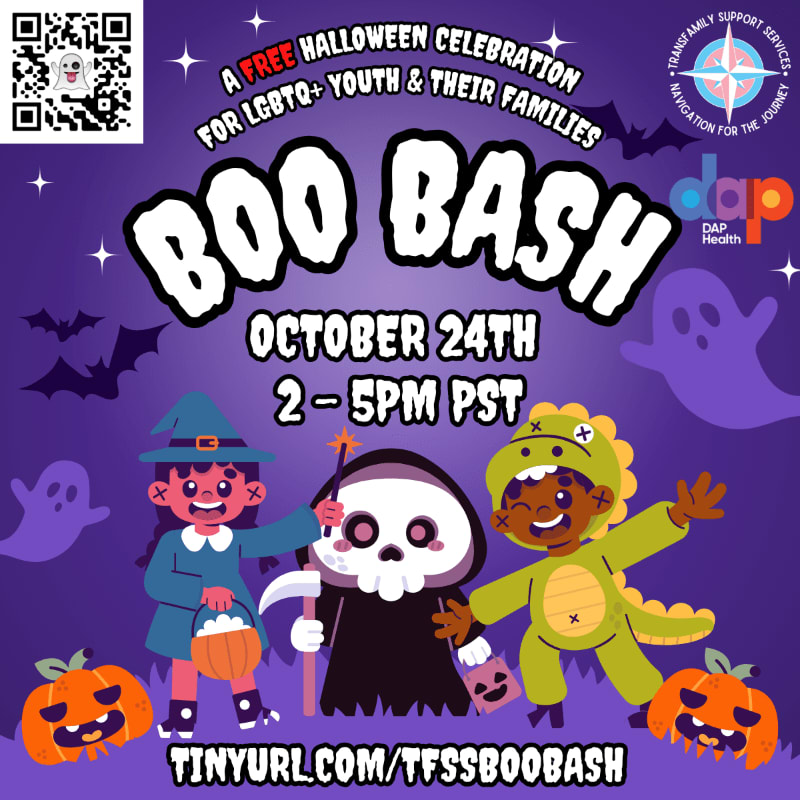 Three children in Halloween costumes stand in the foreground against a purple background featuring ghosts, bats, and event details for a "Boo Bash" celebration.