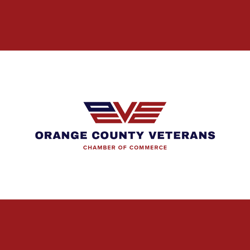 A logo for the Orange County Veterans Chamber of Commerce is centered on a white background with thick red horizontal bands at the top and bottom.