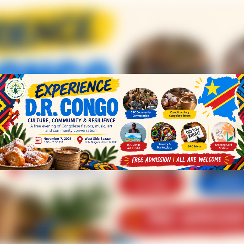 A promotional flyer for an event celebrating D.R. Congo features event details and circular images of food and art in the foreground against a colorful, patterned background.