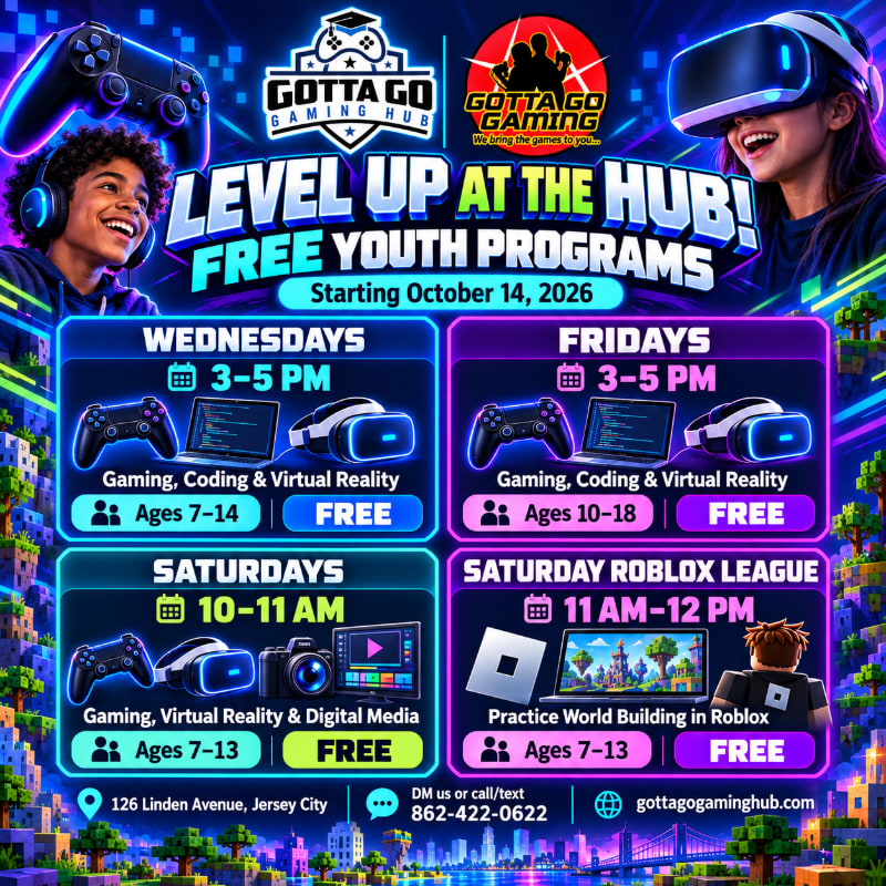 A colorful promotional flyer for free youth gaming programs features two smiling children with VR and gaming gear in the foreground against a vibrant, neon-lit digital landscape and Minecraft-style scenery in the background.