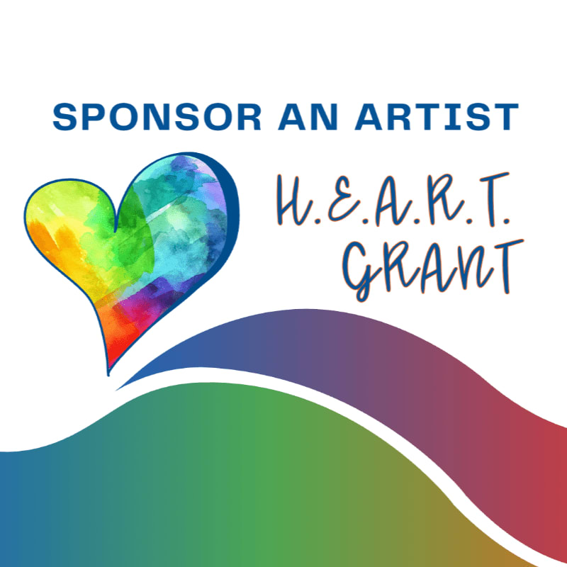 A colorful watercolor heart and the text "SPONSOR AN ARTIST H.E.A.R.T. GRANT" sit above flowing multicolored waves against a plain white background.