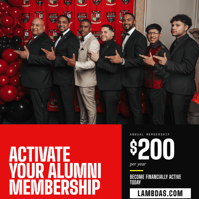 Six men in suits pose in front of a red backdrop with logos, above a red and black promotional banner for alumni membership.