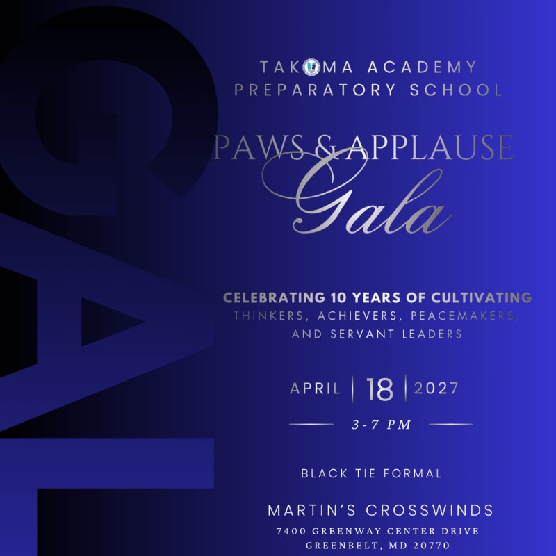 White and silver text detailing the "Paws & Applause Gala" event is centered over a deep blue gradient background with a large, stylized "PA" watermark on the left.
