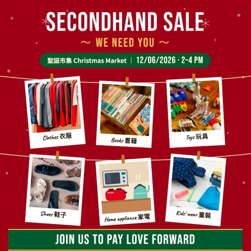 Six polaroid photos of various secondhand items hang from a clothesline against a red background with white promotional text.