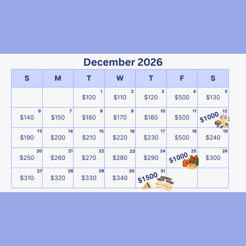 A December 2026 calendar with monetary values in each date cell is centered against a solid light purple background.
