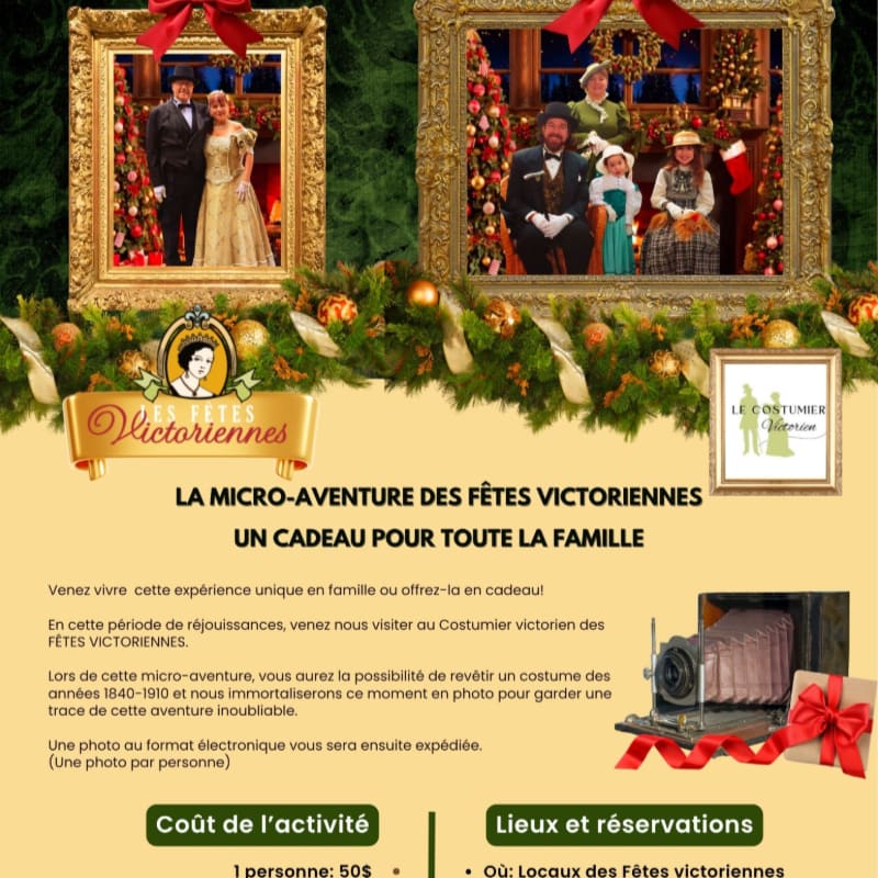 Two framed photos of people in Victorian costumes sit atop a festive evergreen garland with gold ornaments, set against a light beige background with French text and an image of an antique camera.