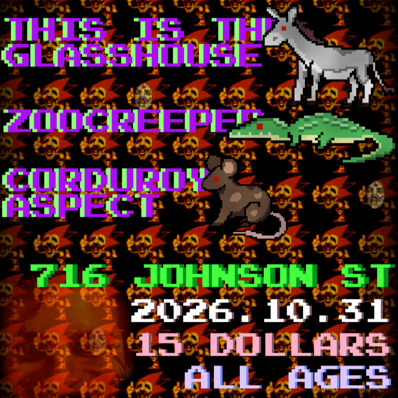 Colorful pixelated text and animals sit in the foreground against a repeating background of small, demonic red and yellow figures.