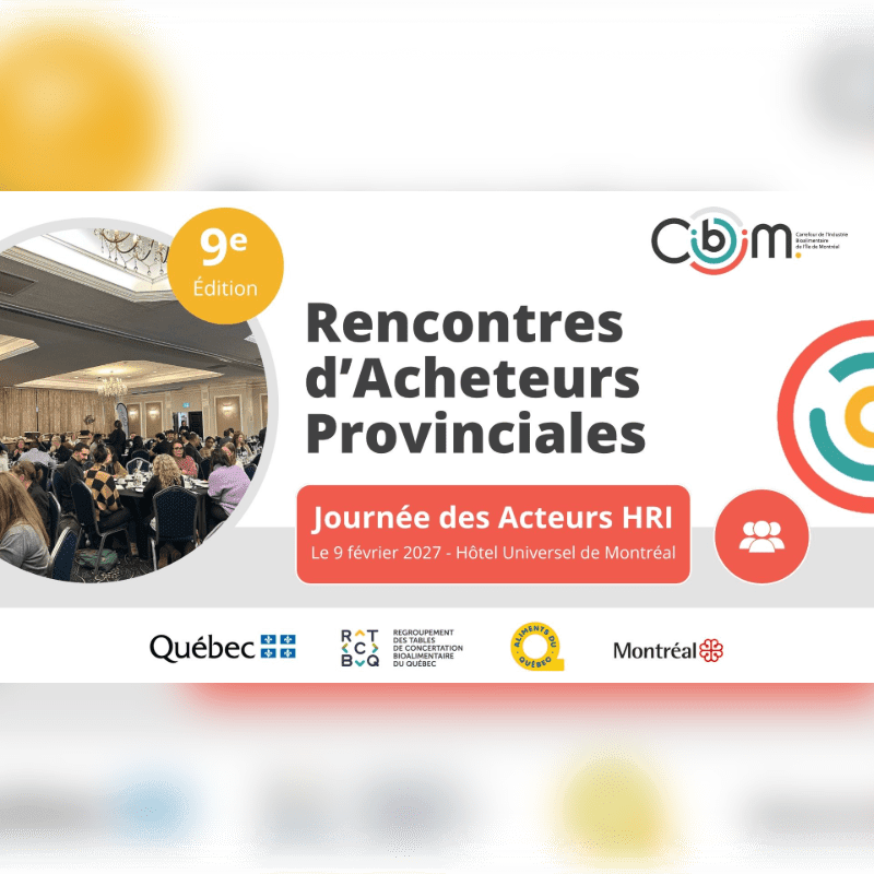 A promotional flyer for the "Rencontres d'Acheteurs Provinciales" features a photo of a professional gathering in the foreground and a white background with event details and logos.