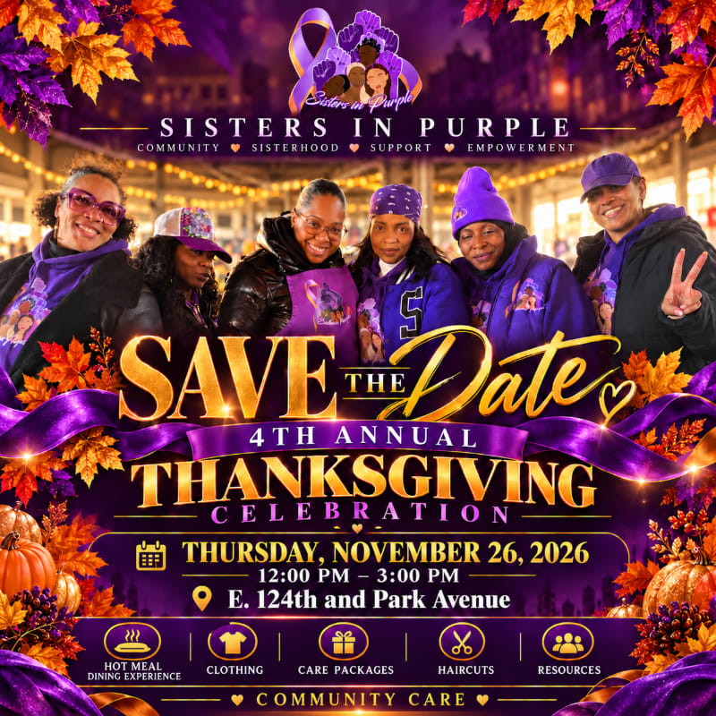Six women in purple attire stand in the foreground of a Thanksgiving event flyer, set against a background of autumn leaves and a city street.