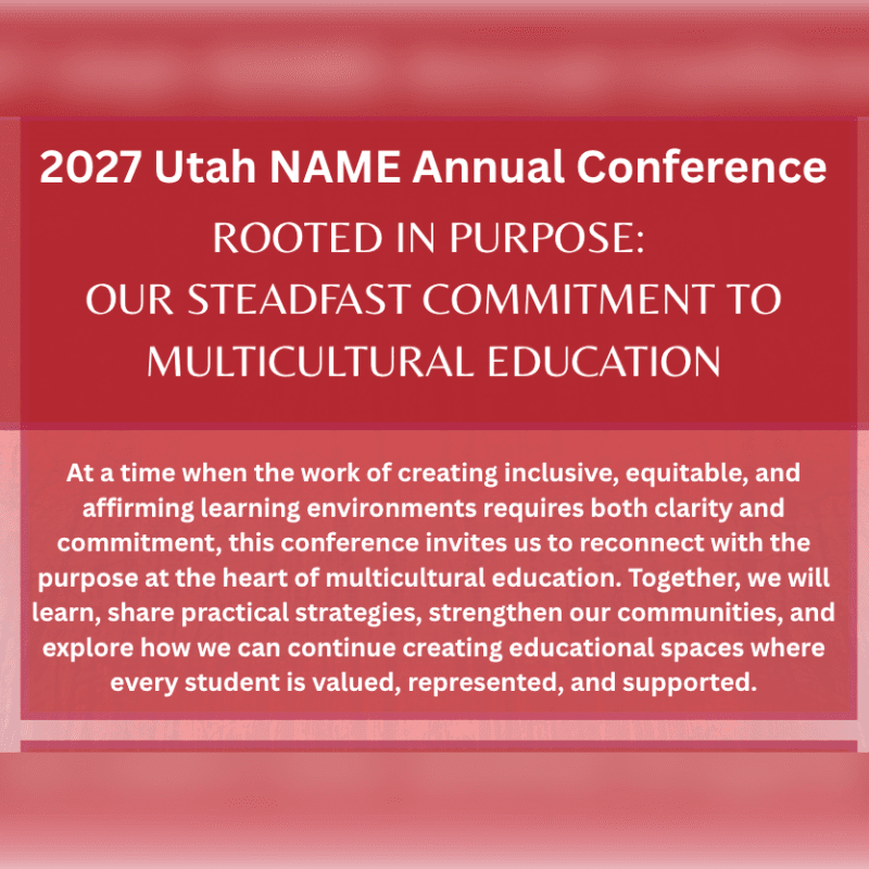 White text announcing the 2027 Utah NAME Annual Conference is centered on a red background with a subtle gradient.