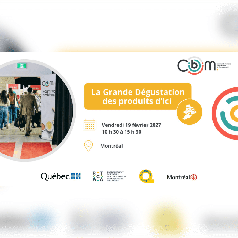An event flyer featuring a photo of people at a tasting event on the left and event details for "La Grande Dégustation des produits d'ici" against a white background with various logos.