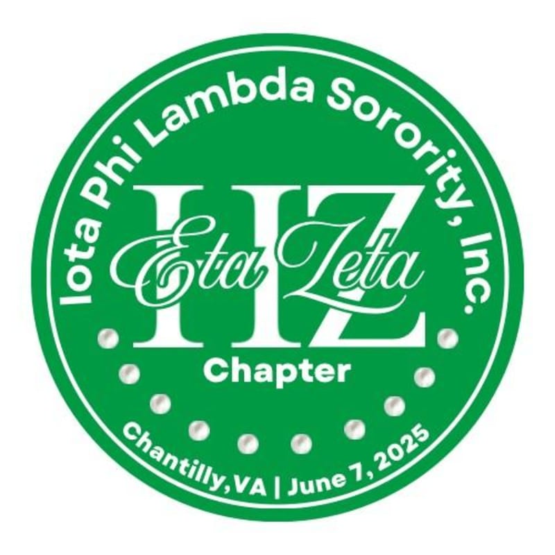 White text and a stylized logo for the Iota Phi Lambda Sorority, Inc. Eta Zeta Chapter are centered on a green circular background.