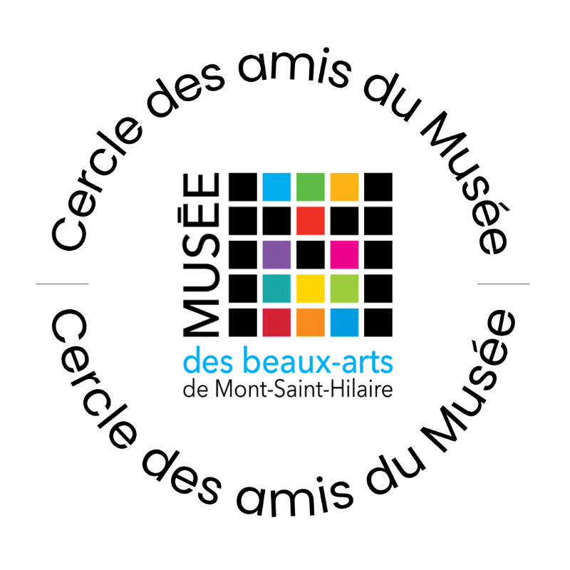 A colorful grid logo and text for the Musée des beaux-arts de Mont-Saint-Hilaire are centered within a circular border of repeating text on a plain white background.