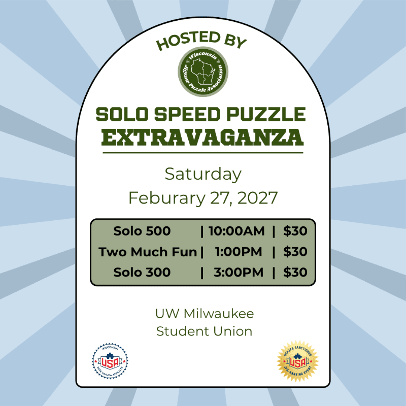 An event flyer for a "Solo Speed Puzzle Extravaganza" is centered on a light blue and white sunburst background.