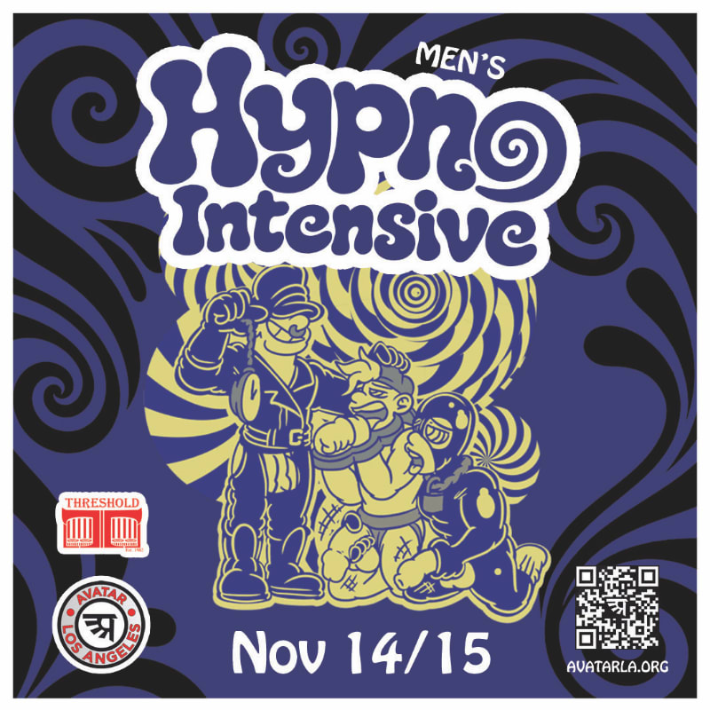 Stylized illustrations of three men stand in the foreground against a swirling blue and black psychedelic background with "Men's Hypno Intensive" text above them.