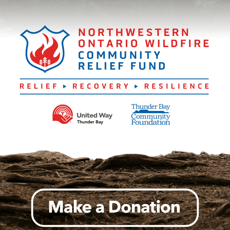 A close-up of exposed tree roots in the foreground is set against a background of text and logos for the Northwestern Ontario Wildfire Community Relief Fund.