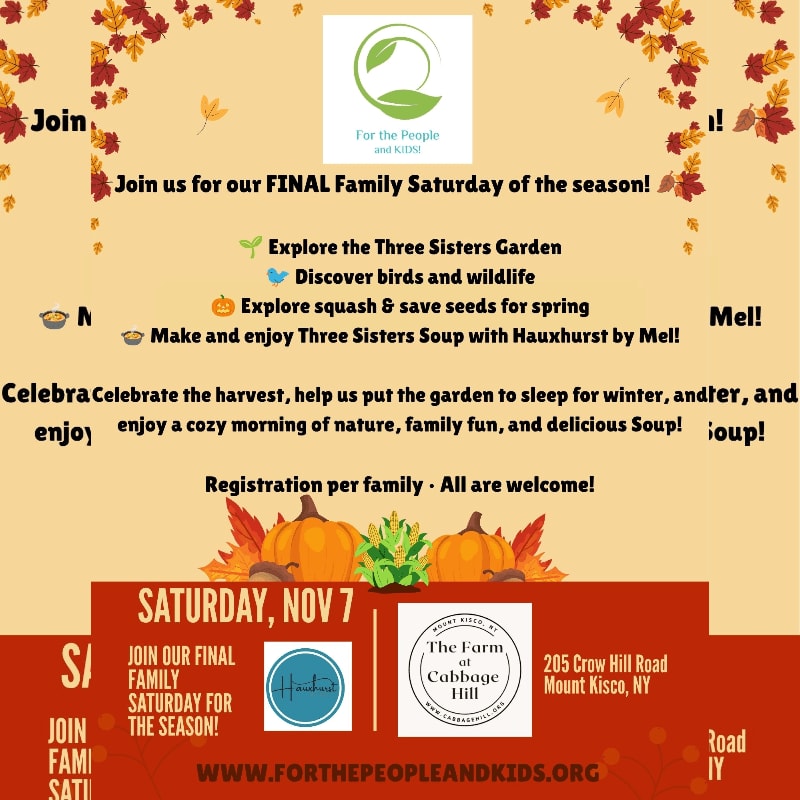An event flyer for a "Family Saturday" harvest celebration features autumn leaves and pumpkins in the foreground and background against a light beige backdrop.