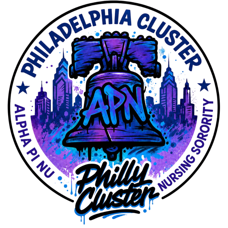 A stylized Liberty Bell with "APN" graffiti sits in the foreground against a purple and blue Philadelphia city skyline background, all enclosed within a circular border.