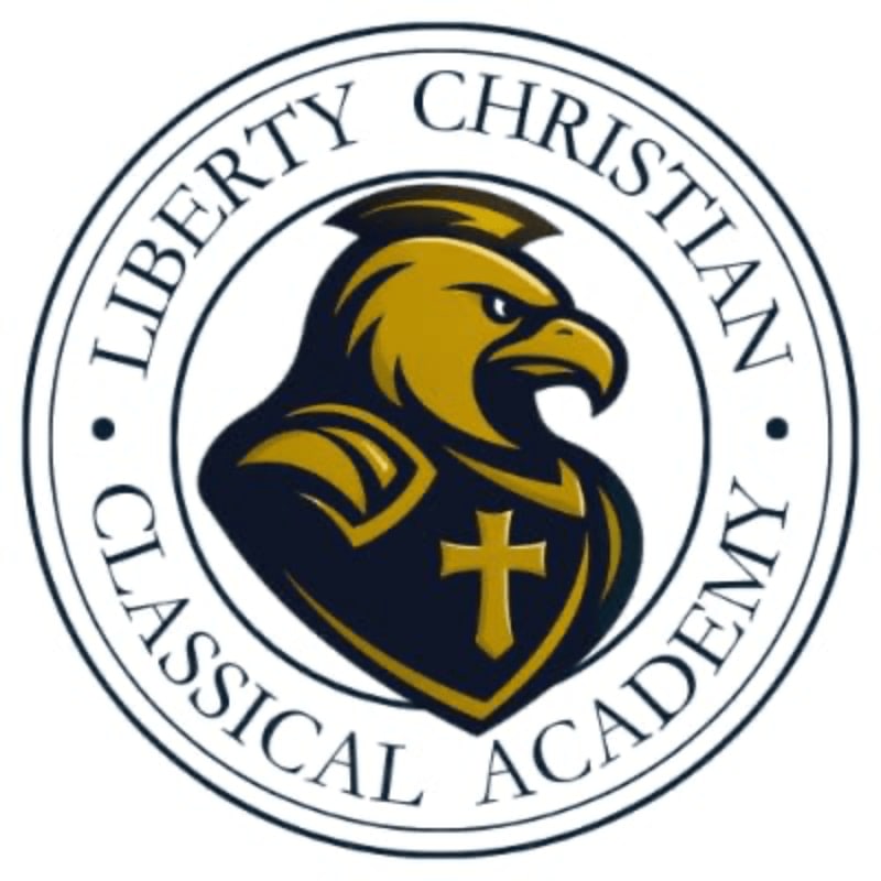 A gold and navy eagle wearing armor with a cross is centered within a white circular border containing the text "LIBERTY CHRISTIAN CLASSICAL ACADEMY".