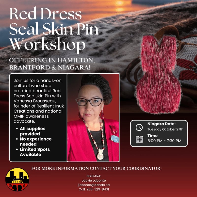 A promotional flyer for a Red Dress Seal Skin Pin Workshop features a portrait of Vanessa Brousseau and a red seal skin pin in the foreground, set against a background of a seal skin and a sunset.