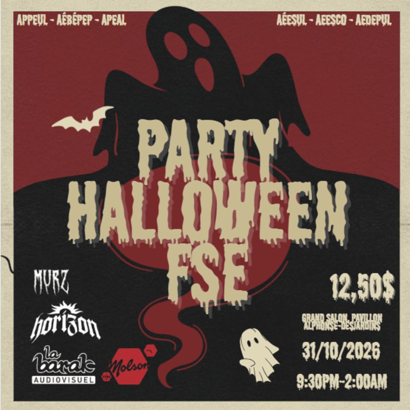 A spooky Halloween party flyer features a large black ghost silhouette and dripping text in the foreground against a dark red background.