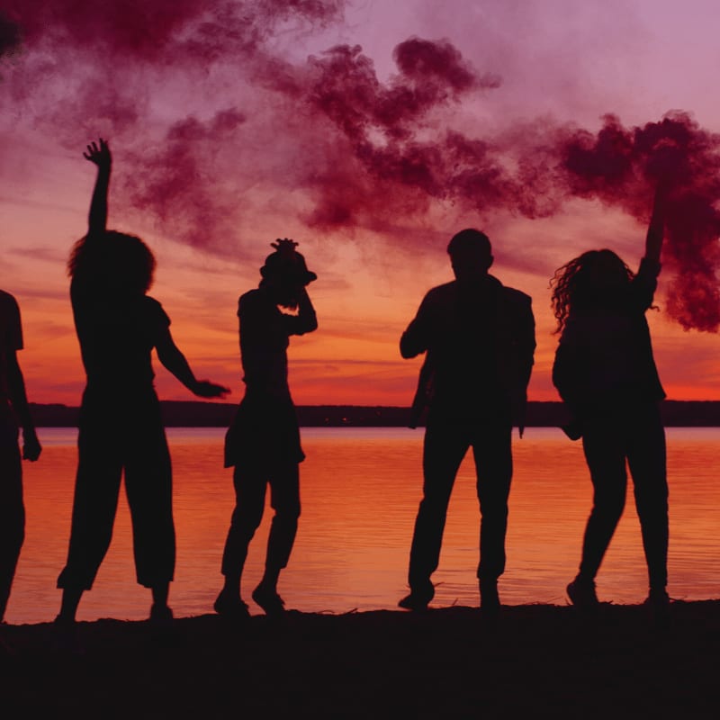 Silhouetted figures stand on a shoreline in the foreground against a sunset sky filled with red smoke in the background.