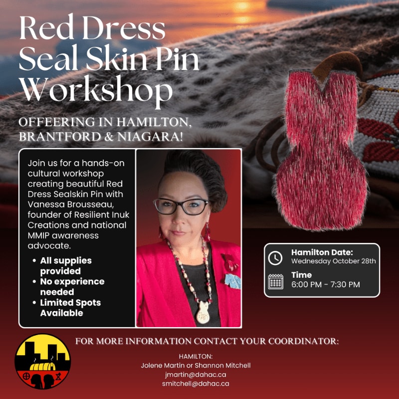 A promotional flyer for a Red Dress Seal Skin Pin Workshop features a portrait of Vanessa Brousseau and event details in the foreground against a background of a red seal skin pin resting on a textured surface.