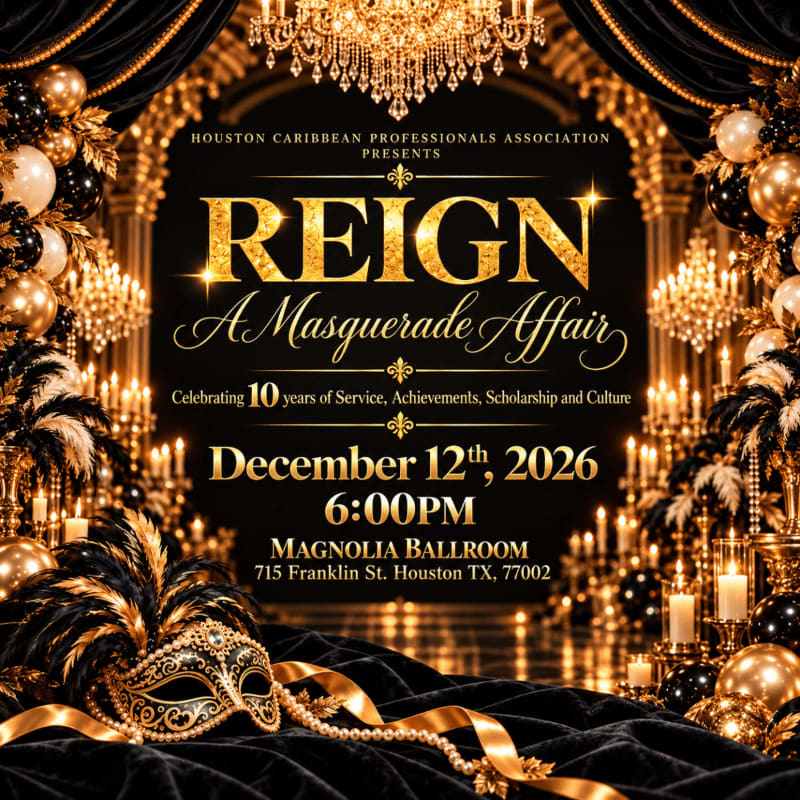 An ornate gold masquerade mask and ribbon rest on black velvet in the foreground, set against a luxurious ballroom background featuring gold chandeliers, curtains, and balloons.