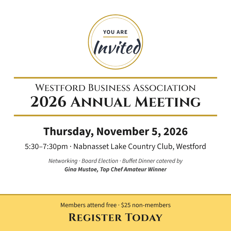 Black and gold text detailing an invitation for the Westford Business Association 2026 Annual Meeting is set against a plain white background.