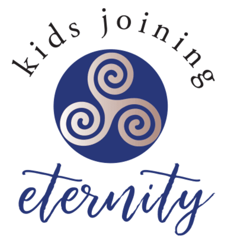 A blue circular emblem containing a silver triskelion is centered between the words "kids joining" and "eternity" against a plain white background.
