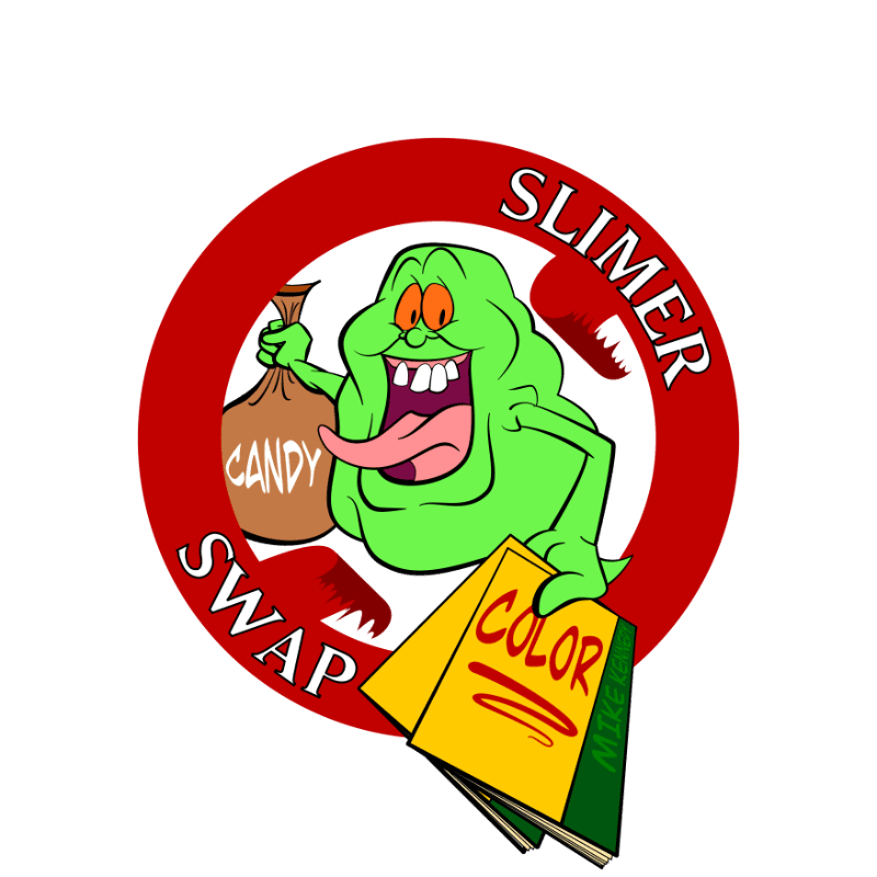 A green ghost holding a bag of candy and a color palette is centered within a red circular border labeled "SLIMER SWAP" against a plain white background.